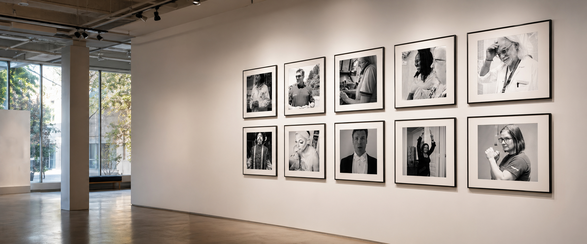 Ausstellung mit gerahmten Portraits und JOBreality Logo
