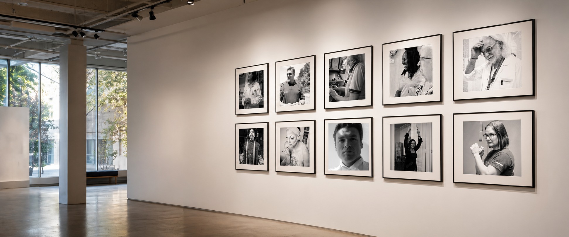 Ausstellung mit gerahmten Portraits und JOBreality Logo